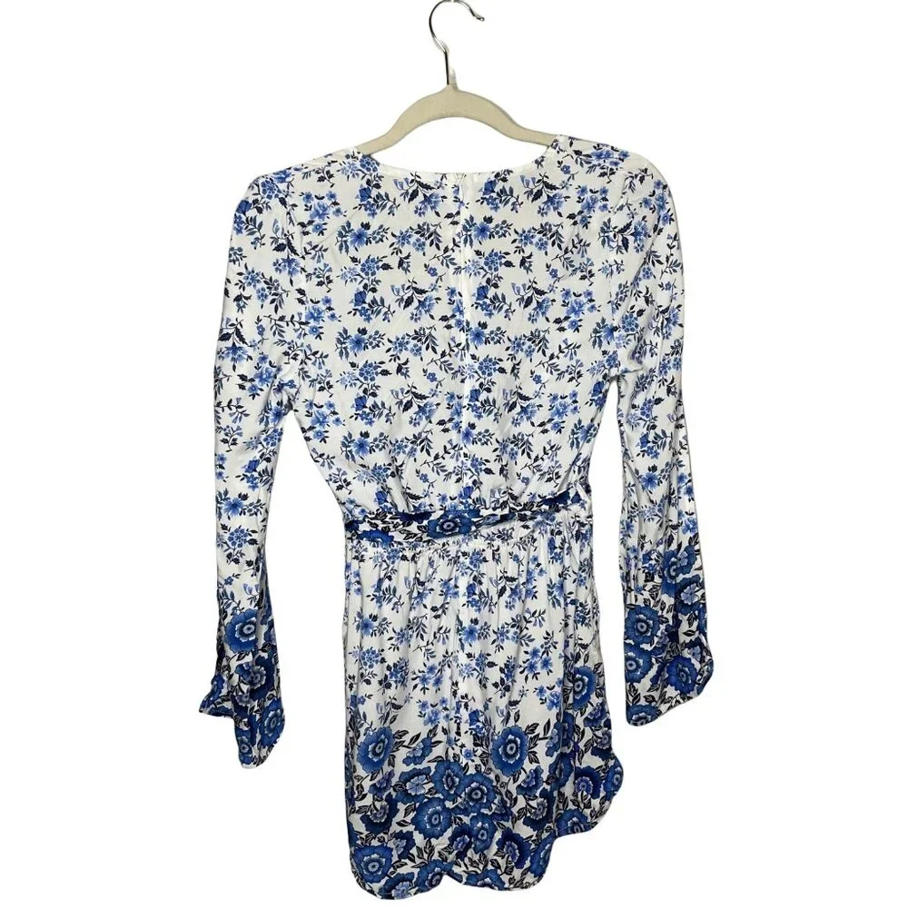 ASOS Parisian Long Sleeve Romper Size 6 Petite Floral Border Print Blue 6P